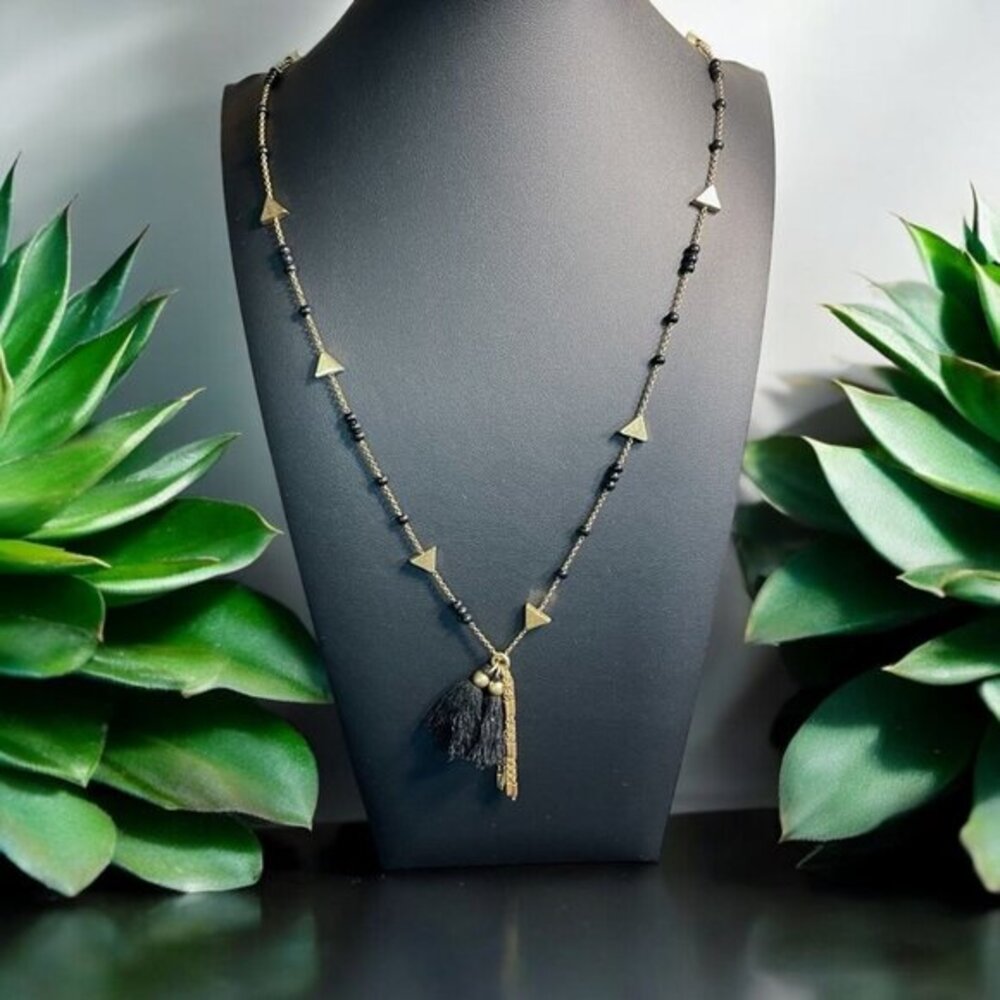 Gold Tone & Black Beaded Tassel‎ Necklace With Geometric Accents